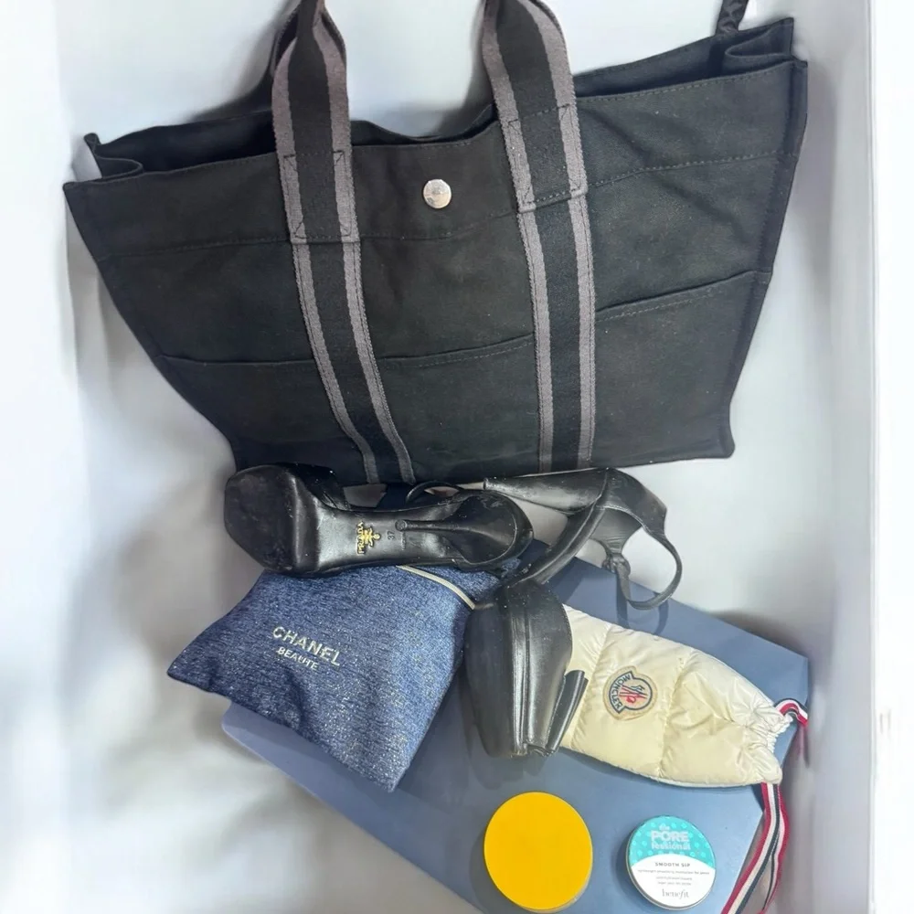 Hermes Black Canvas Tote with Gray Straps